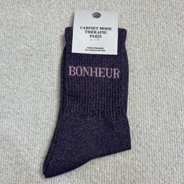 Chaussettes a paillettes BONHEUR violet Cabinet mode thérapie A&C Angers-min