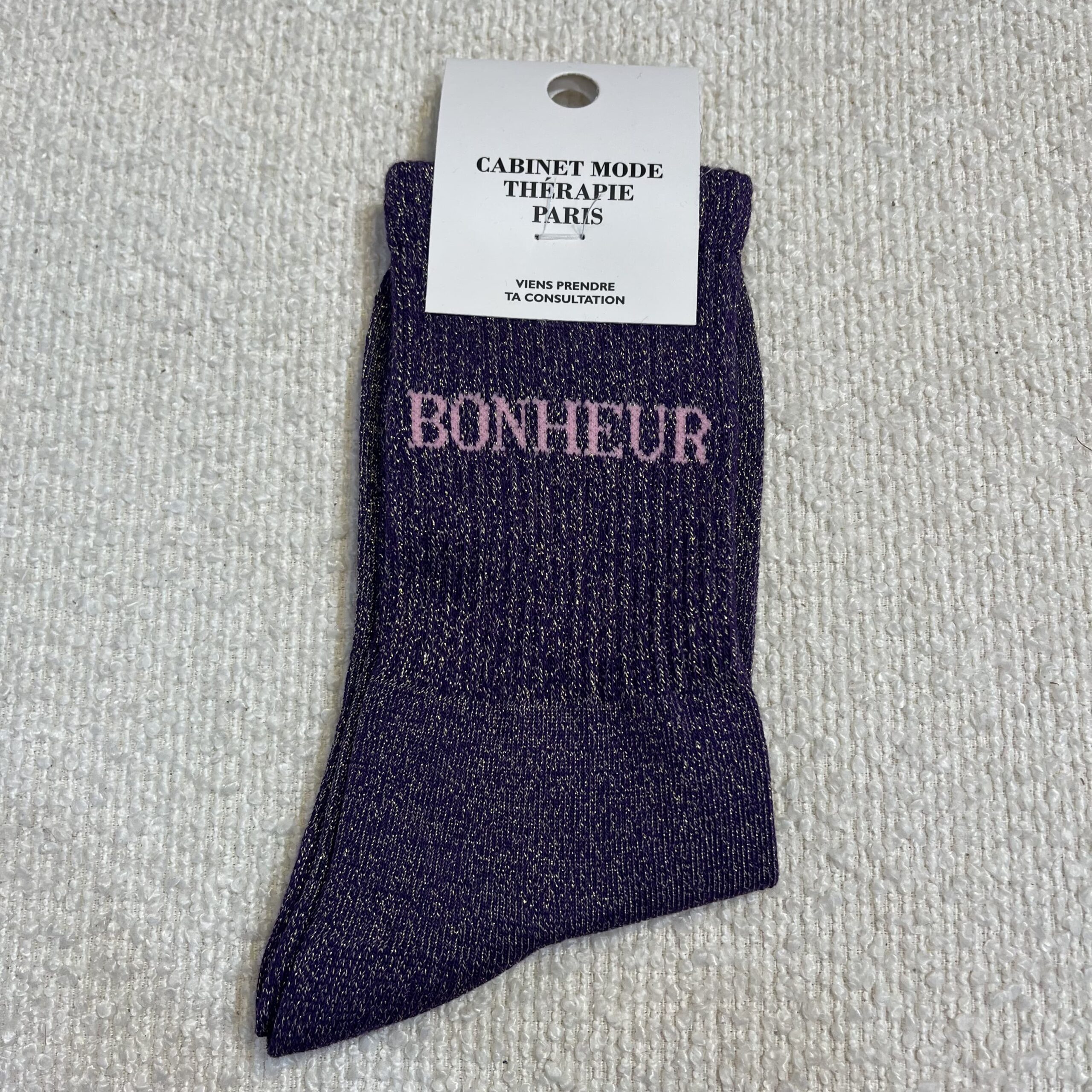 Chaussettes a paillettes BONHEUR violet Cabinet mode thérapie A&C Angers-min Chaussettes a paillettes BONHEUR violet Cabinet mode thérapie A&C Angers-min